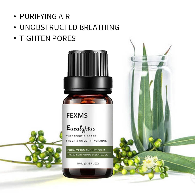 FEXMS Eucalyptus essential oil bottle with eucalyptus leaves and flowers on a white background